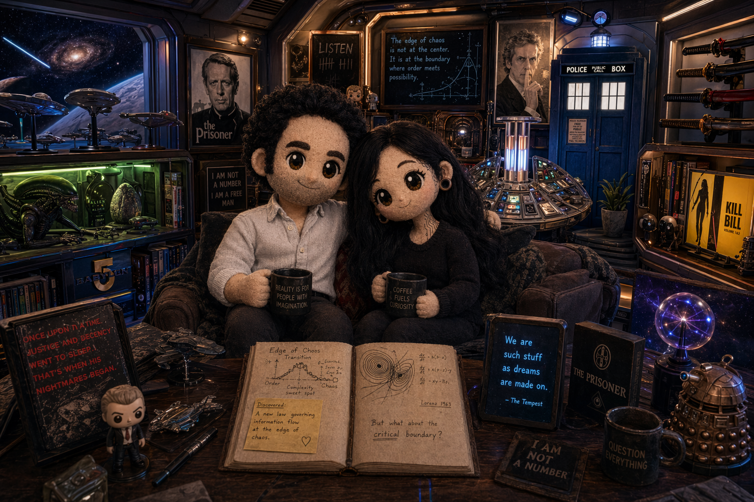 Custom plush dolls of Chris and Allison sitting together
