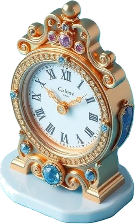 An ornate gold and powder-blue jeweled mantel clock